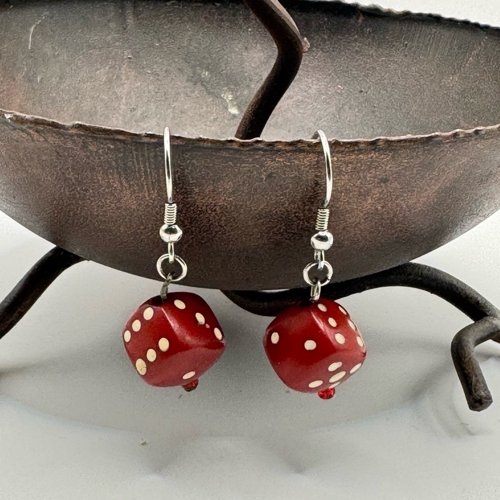 Handmade Red Dice Dangle Earrings | Vintage Style Novelty Bead Earrings